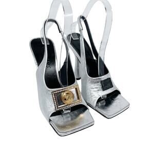 Versace Women's Metallic Medusa Buckle Slingback Sandals Silver EU 37 US 7